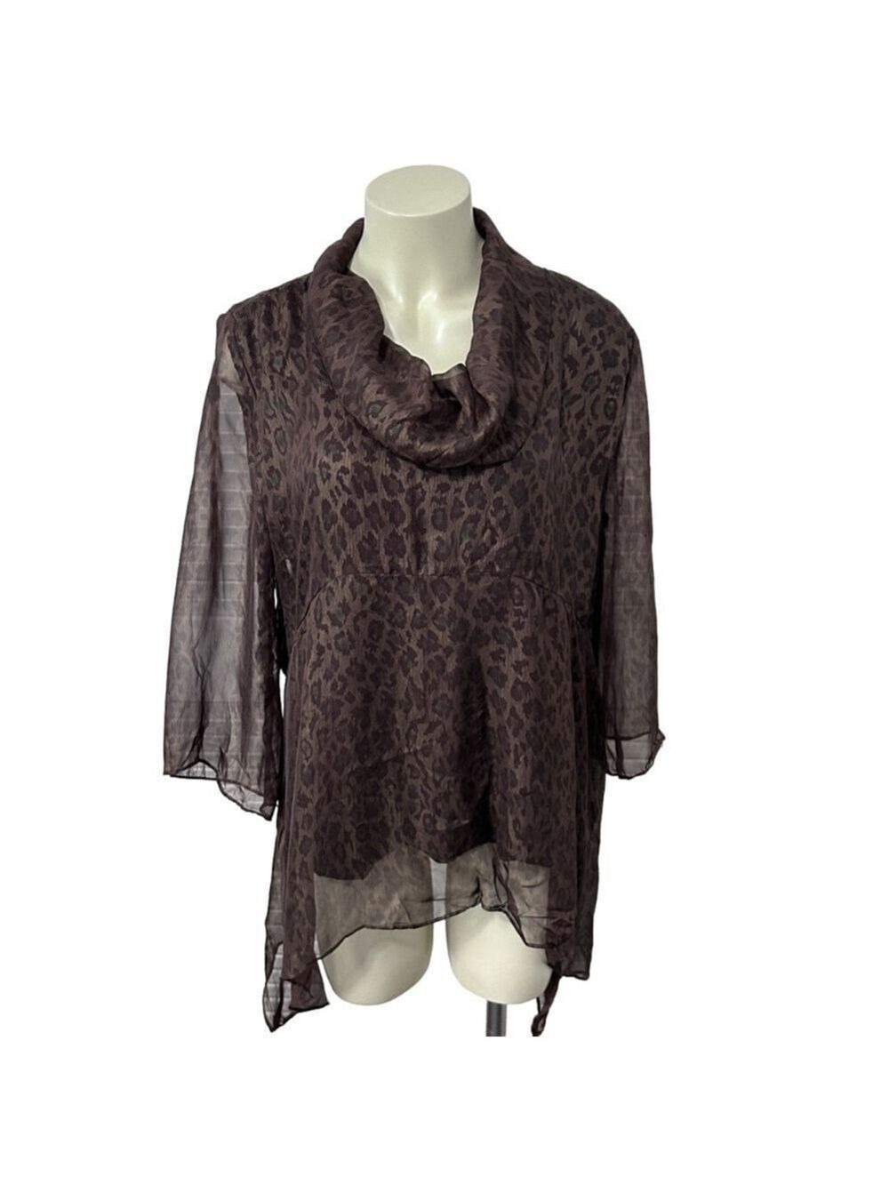 Top Season Sheer Leopard Print Cowl Neck Top Shoulder Pads Size L